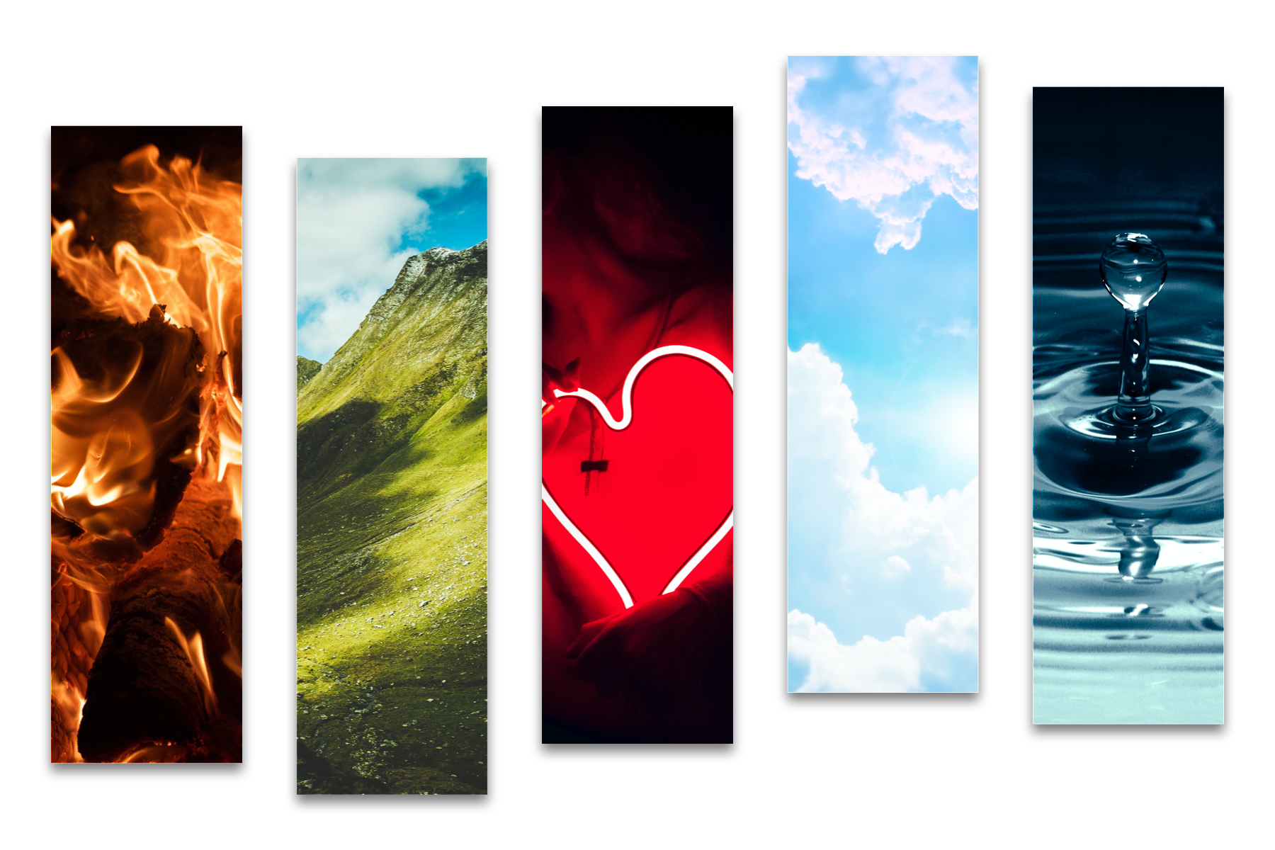 A photo collage showing the five elements of Love: Earth, Fire, Water, Air, and Spirit. Each element is represented by a unique image that embodies its essence.