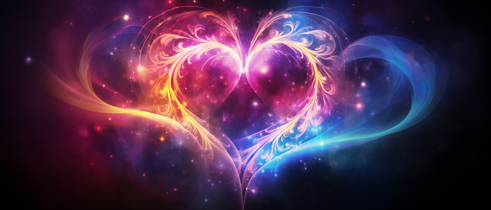 Graphic of a cosmic heart with stars and blue, pink, and yellow floral swishes of light
