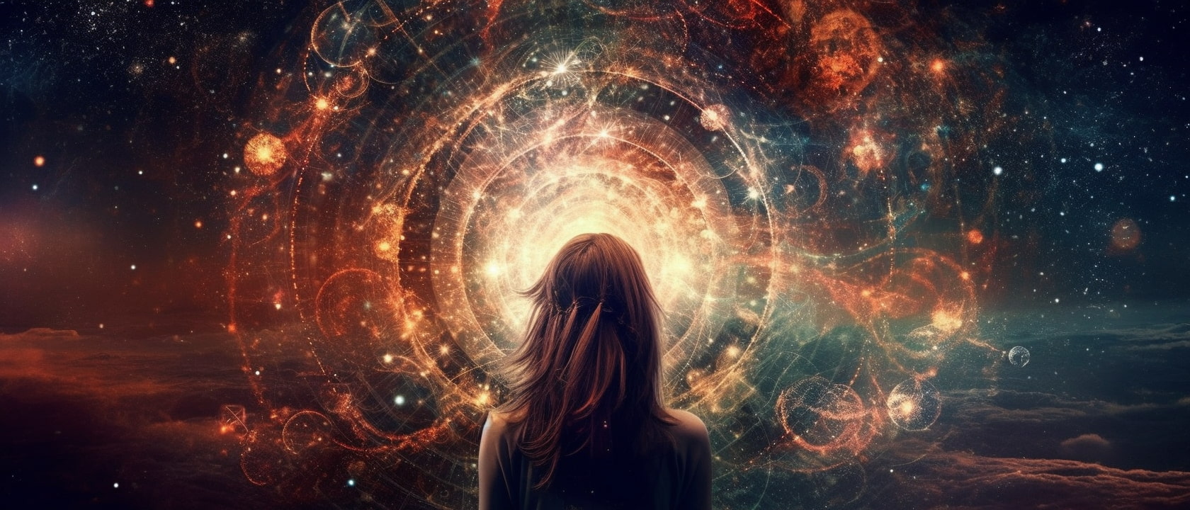 Graphic of a person standing in front of a portal, with a sky backdrop