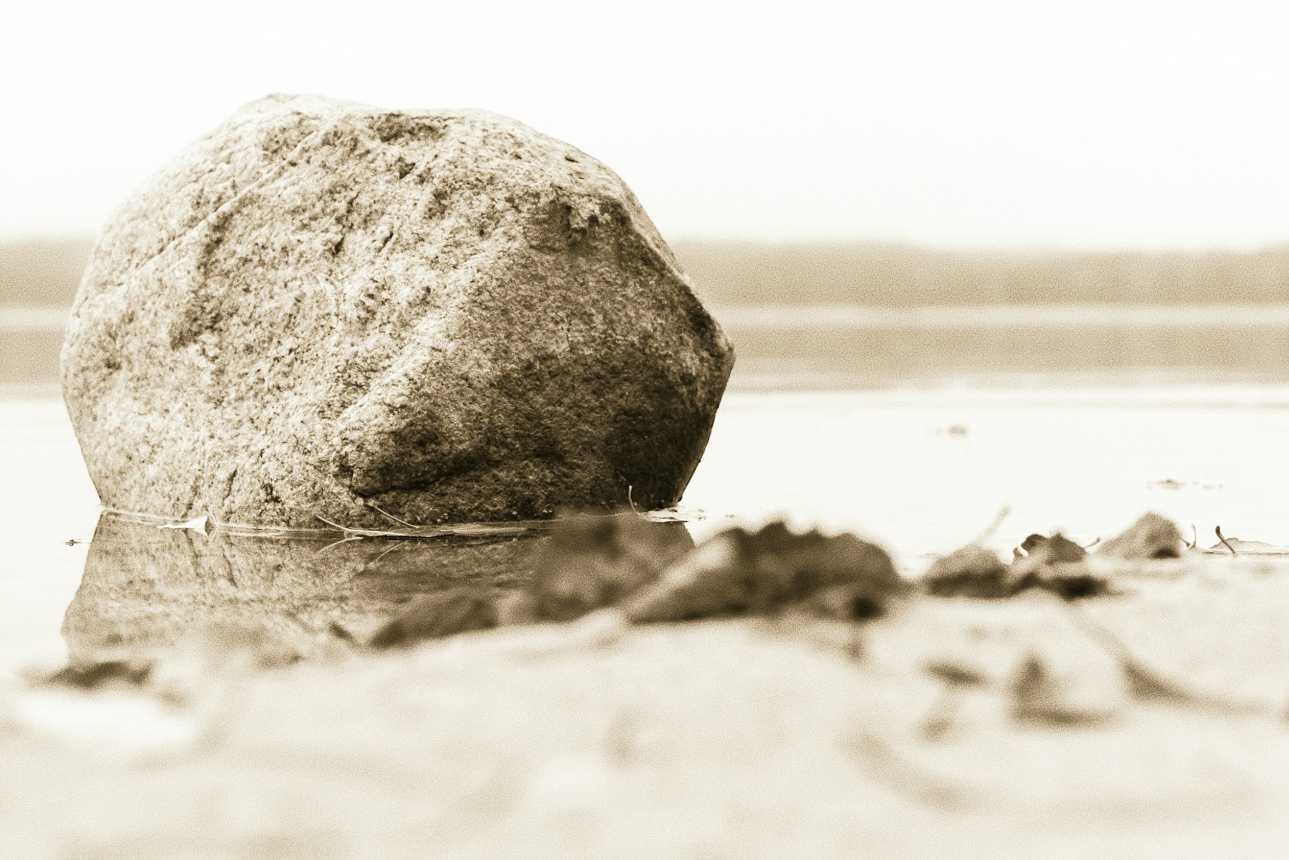 Melancholy photo of a rock in a puddle