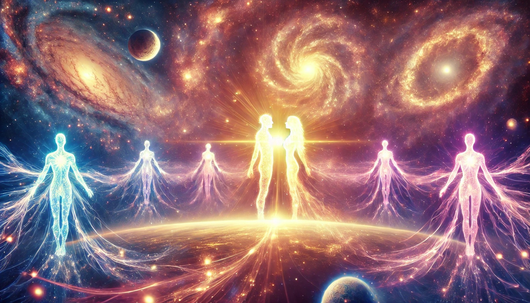 A cosmic image showing humans as luminous beings, all connected by a web of light, with the Earth and galaxies in the background.
